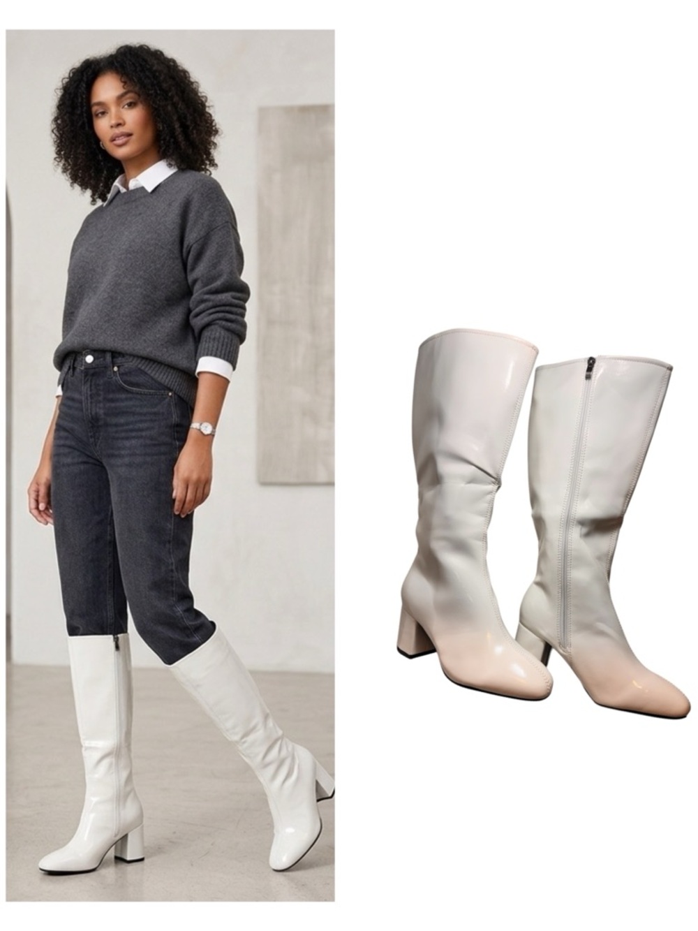 Chic White Knee-High Boots - Square Toe Block Heel - Size 37